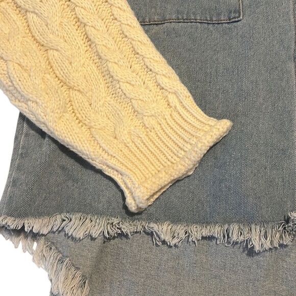 POL Blue Denim Cable Knit Sweater Sleeves Frayed Hem Top Size Small - Picture 4 of 9